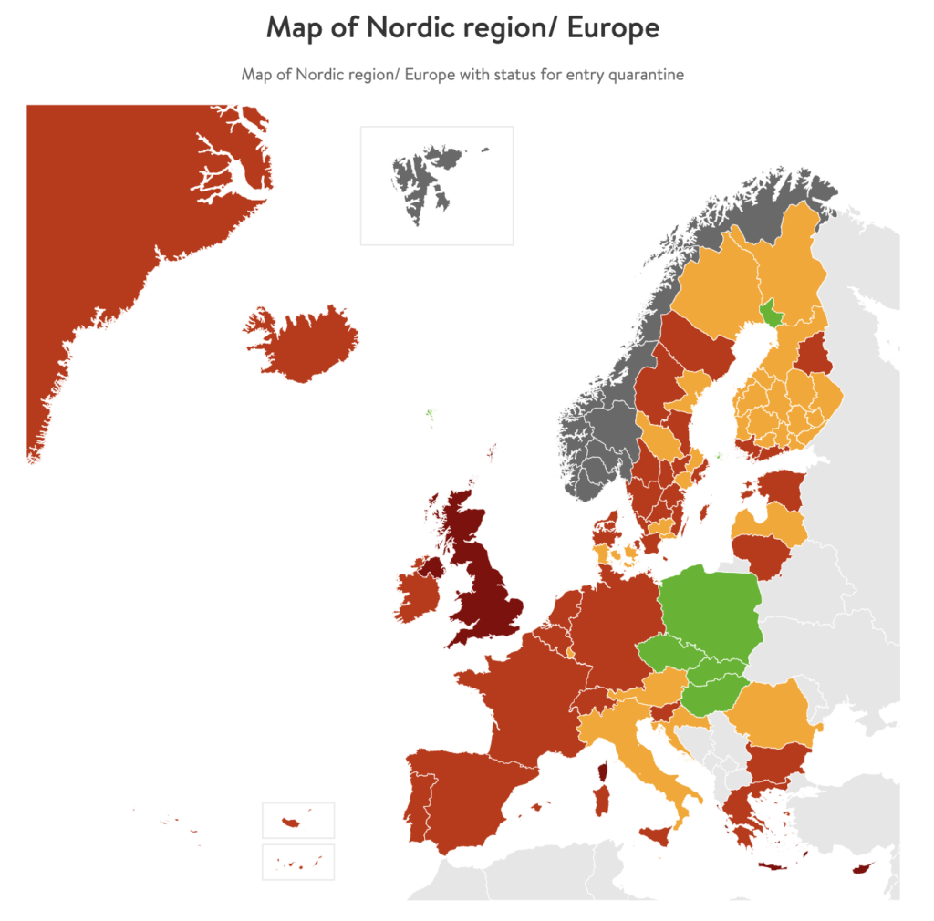Covid 19 Semafor: Mapa červených, oranžových a zelených zemí pro vstup do Norska (6.září 2021)