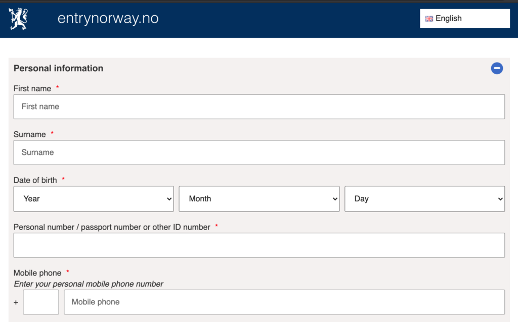 Registrační formulář pro vstup do Norska Covid 19